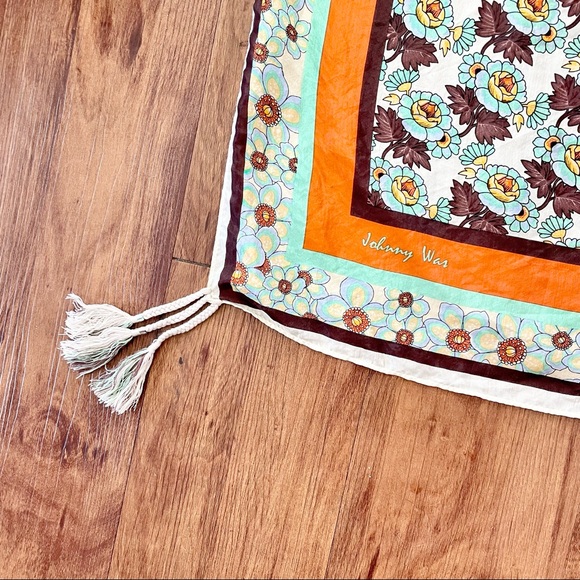 SOLD Johnny Was Floral Scarf in Orange & Blue - Picture 3 of 6